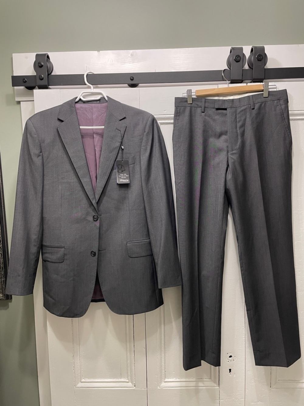 Merino Wool Suit - Gray 2 Piece Suit Classic Notch Lapel 36R 30W Pants Jacket
